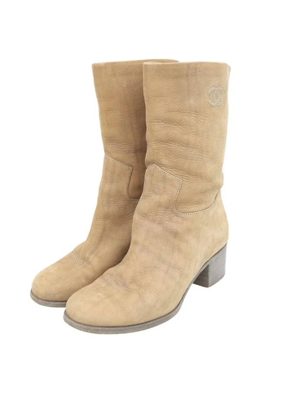 Chanel CC Logo Boots Shoes Lambskin Beige